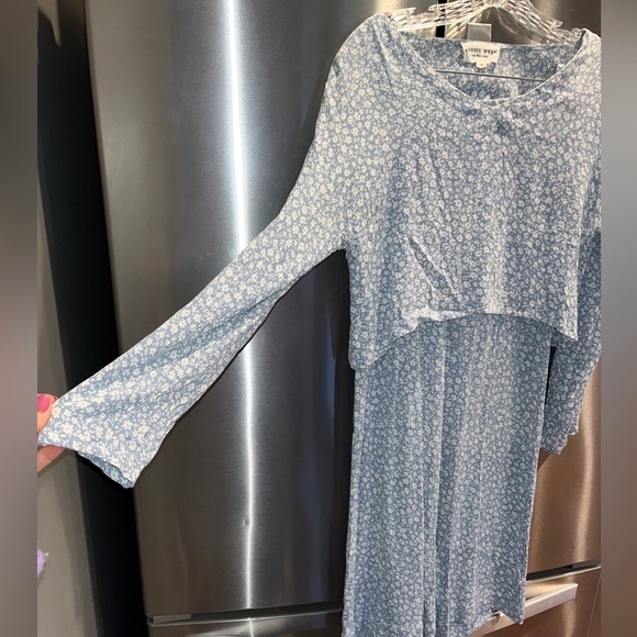 Bobbie Wren BLUE Floral TOP/PANTS SET rayon Vneck cropped minimal prairie set S - Picture 3 of 16